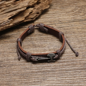 Retro brown leather bracelet with woven cord and antique metal double axe pendant