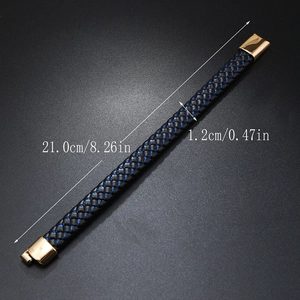 Detailed size specification for woven men's bracelet in blue and black with gold buckle