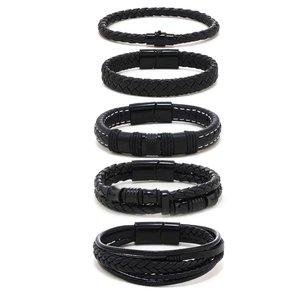 Men's Multi-Layer Braided Leather Bracelet Set With Alloy Magnetic Buckle Punk Vintage Cowhide Rope Wristband Jewelry Gift