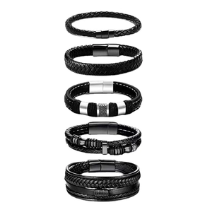 Five-piece set of men's black braided leather bracelets with stainless steel magnetic clasps