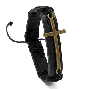 Bracciale Intrecciato in Pelle Vintage per Uomo Ciondolo a Croce in Lega Corda di Canapa Bracciale Regolabile Punk Gioielli