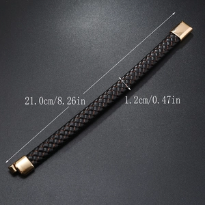 Detail view of black braided leather bracelet for men with golden magnetic clasp and dimensions