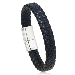 Men's minimalist braided leather bracelet with blue stitching and silver magnetic clasp