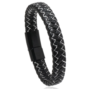 Men's minimalist woven bracelet in black and white leather with a black magnetic clasp