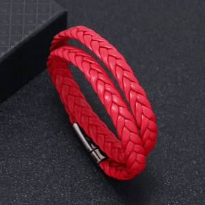 Minimalist red double-wrap leather braided bracelet with black magnetic metal clasp