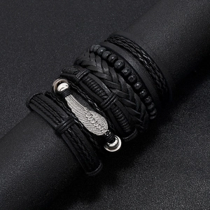 Men's vintage multi-layer braided leather bracelet with silver feather charm and black beads