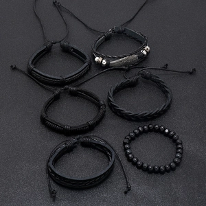 6-piece vintage black leather woven bracelet set with silver feather charm for men