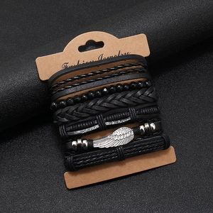 Vintage multi-layer braided leather bracelet set with a silver wing pendant for men