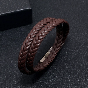 Deep brown double-strand braided leather bracelet with matte magnetic metal clasp