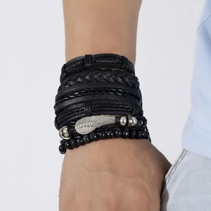 Retro multi-layer woven leather bracelet set with silver metal feather pendant for men
