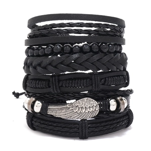 Men Braided Leather Bracelet With Feather Wing Pendant Beads Wax Cord Hand Wrap Punk Vintage Fashion Jewelry