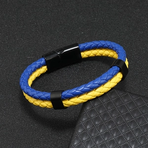 Bracelet tressé en cuir bleu et jaune avec fermoir magnétique noir pour homme