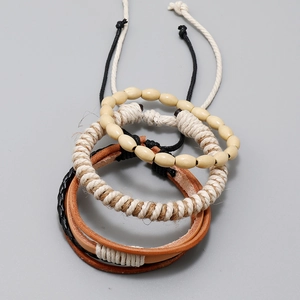 Men's 4-piece multilayer bracelet set with leather wrap, wooden beads and braided ropes