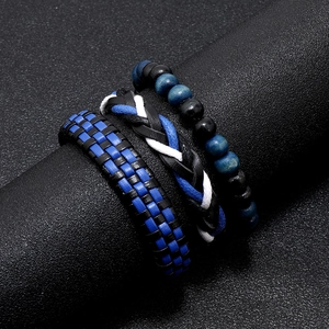 Set di 3 bracciali da uomo con pelle intrecciata, cordoncino e perline blu e nere