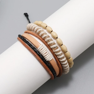 5-piece set of men's vintage multi-layer braided leather and wood bead bracelets