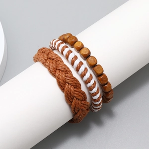Vintage gevlochten touw en houten kralen armband set voor heren, handgemaakte accessoires