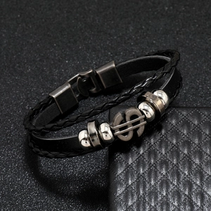 Men's multi-layer black leather bracelet with vintage silver dollar sign charm and beads