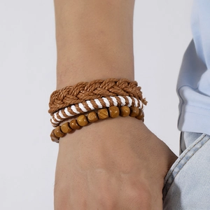 Heren armbandenset met gevlochten henneptouw en natuurlijke houten kralen sieraad