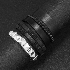 Men's vintage layered black leather bracelet set with beads and silver studs