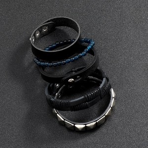 Men's retro punk braided leather bracelet set with blue beads and silver metal studs