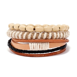 Men's bohemian multi-layer leather bracelet set with braided wood beads and cotton ropes
