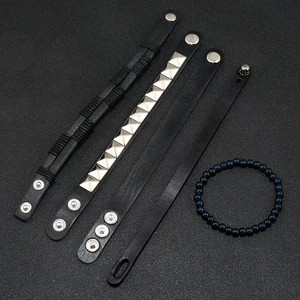 Five-piece vintage men's bracelet set with black braided leather and blue beaded accents