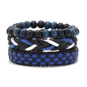 Bracciale in Pelle Intrecciata Multistrato Vintage Da Uomo Con Perline in Legno Corda Cerata Gioielli Punk Retro Per Uomo