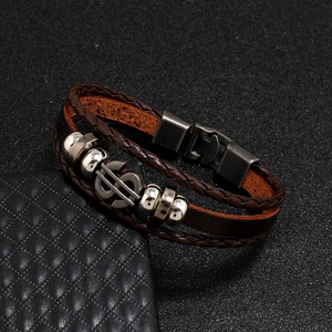 Men's retro multi-layer braided leather bracelet with bronze beads and dollar sign charm