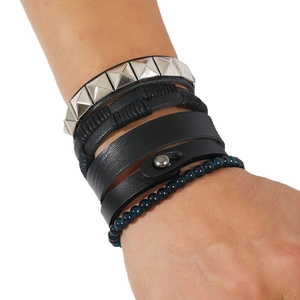 Men multilayer braided leather bracelet set with silver studs and blue beads
