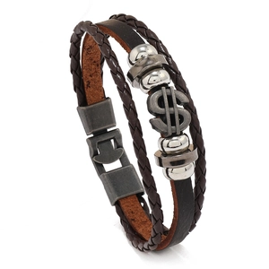Vintage Men Multi-layer Leather Braided Bracelet Dollar Sign Alloy Charm Retro Punk Handmade Cowhide PU Bracelet Jewelry