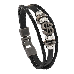 Men's multi-layer braided leather bracelet with vintage dollar sign and metal beads