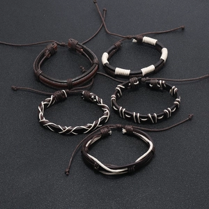5-piece set of vintage braided leather bracelets for men with adjustable cords in brown and white