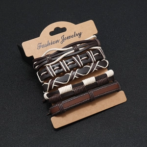 Five-piece vintage braided leather bracelet set for men in brown and beige tones