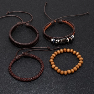 Men's 4-piece vintage braided leather bracelet set with wooden beads and metal charms