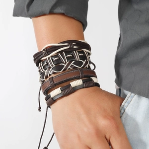 Mens 5-piece retro braided leather bracelet set in multilayer punk style on wrist