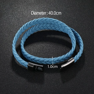 Detail view of a blue multi-layer braided leather bracelet with magnetic buckle and 40cm length