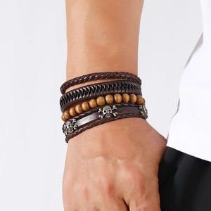 Vintage braided leather bracelet set for men with wood beads and metal skull charms