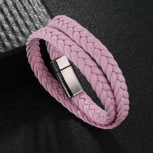 Close-up of pink woven leather double-wrap bracelet with polished silver magnetic clasp