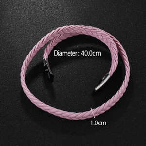 Detail view of pink leather woven multi-wrap bracelet with magnetic clasp and dimensions