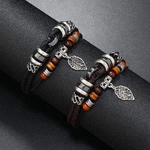 Multilayer leather bracelet with vintage leaf pendant and beads for men and women