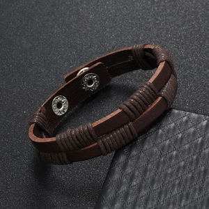 Men's woven leather bracelet with vintage dual-layer cord and metal snap buttons
