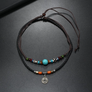 Retro multi-layer leather necklace with turquoise beads and antique bronze coin pendant
