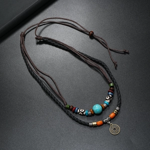 Vintage multilayer turquoise beaded necklace with woven leather and antique coin pendant