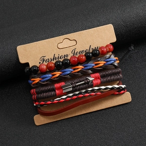 Men's punk leather multi-layer bracelet set with beads and vintage arrow charm
