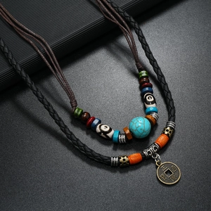 Multilayer leather beaded necklace with turquoise stones and vintage coin pendant