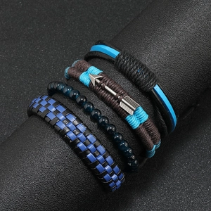 Men's multilayered leather bracelet set featuring vintage arrow charm and beaded details