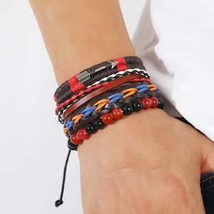 Men's multilayer punk leather bracelet set with woven beads and metal arrow charm