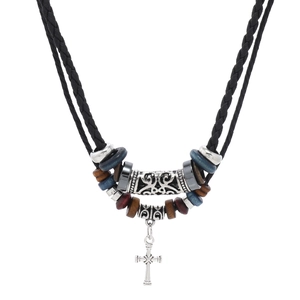 Collier Pendentif Croix Ethnique Vintage pour Hommes Corde en Cuir Multicouche Fait à la Main Perles en Bois Bijoux