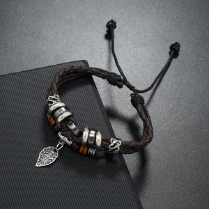 Multilayer braided leather bracelet with leaf pendant and wood beads for men