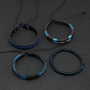 Men's retro multilayer leather bracelet set with blue beads and braided cord details